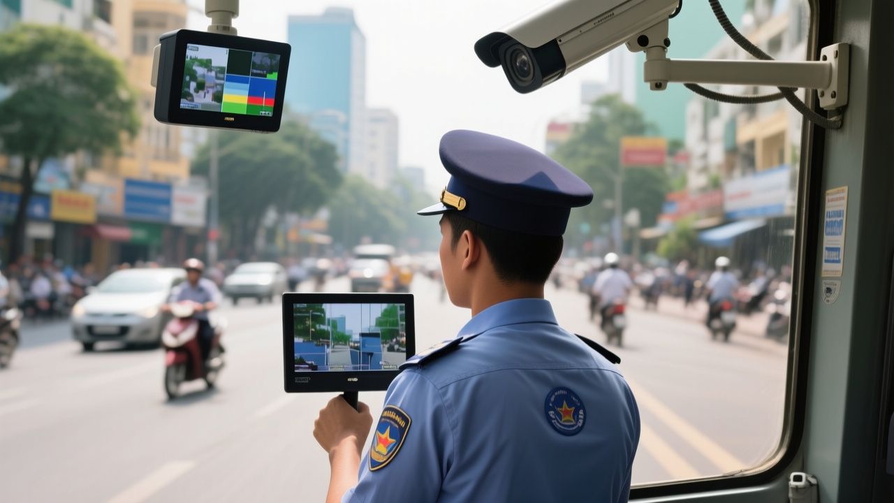 Cảnh sát giao thông kiểm tra camera phạt nguội trên đường phố Việt Nam
