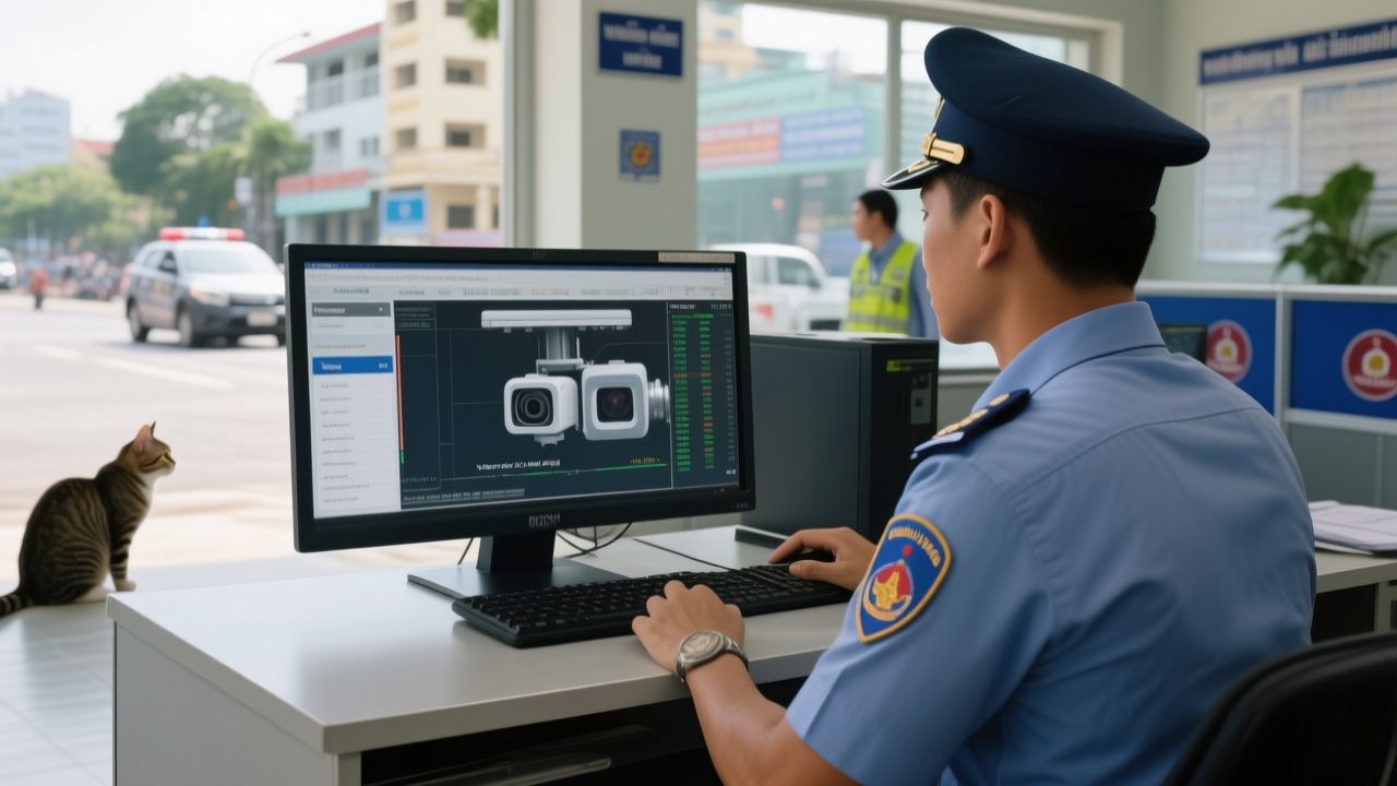 Cảnh sát giao thông kiểm tra thông tin phạt nguội trên hệ thống camera