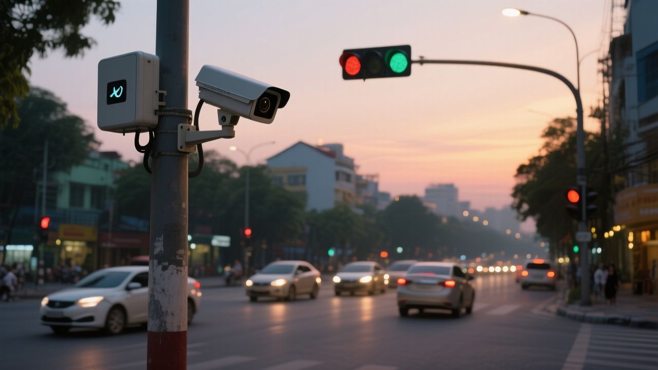 Camera giám sát giao thông AI lắp trên cột đèn tại giao lộ Hà Nội