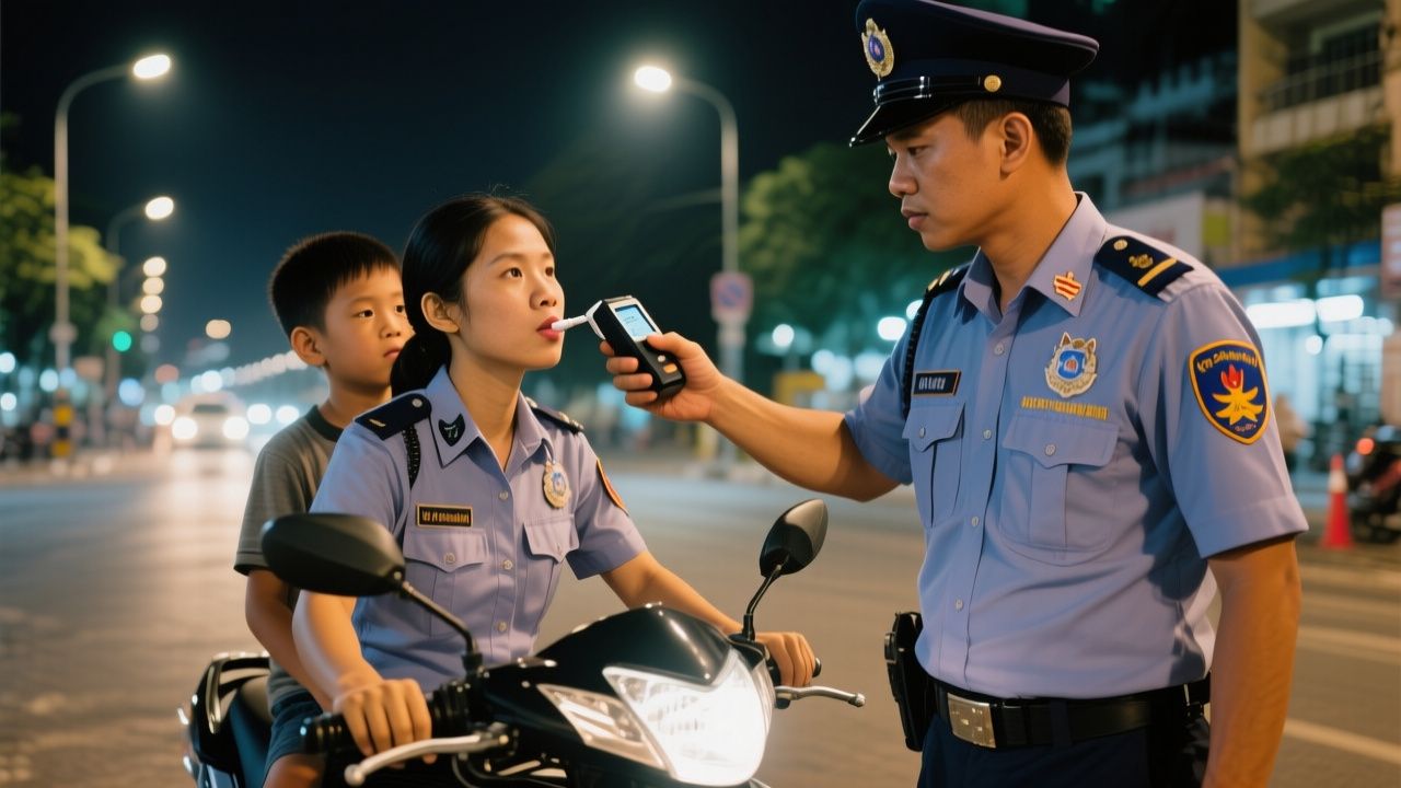 Cảnh sát giao thông kiểm tra nồng độ cồn người điều khiển xe máy trên đường phố Việt Nam
