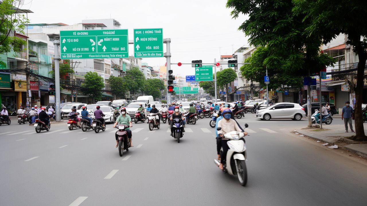 Ngã tư Bảy Hiền với nhiều làn xe và biển báo giao thông