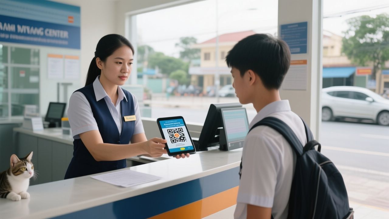 Cán bộ hướng dẫn học viên quét mã QR động để đóng lệ phí sát hạch lái xe