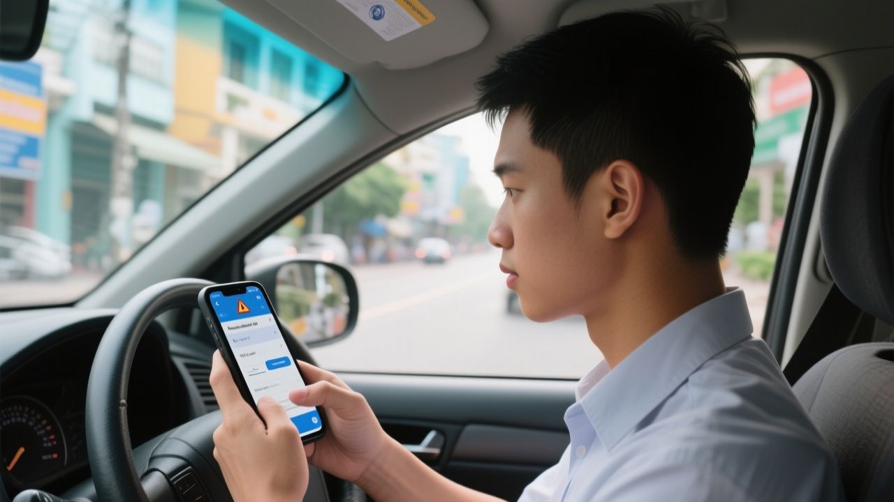 Người lái xe tra cứu thông tin phạt nguội bằng điện thoại trong xe hơi