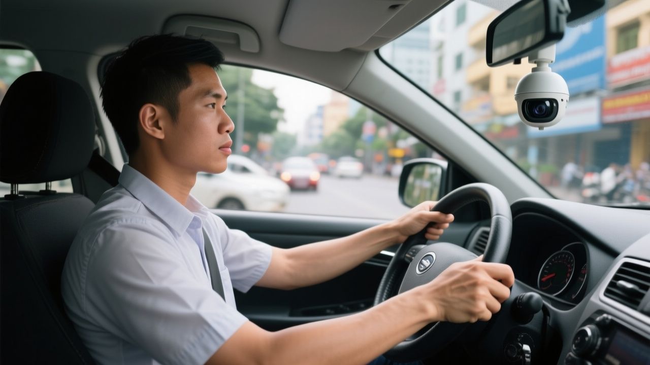 Người lái xe điều khiển ô tô trên đường phố Hà Nội gần điểm camera giám sát