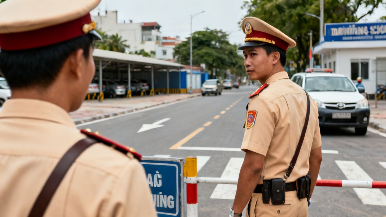 Cảnh sát giao thông làm việc tại trạm kiểm soát trên đường phố