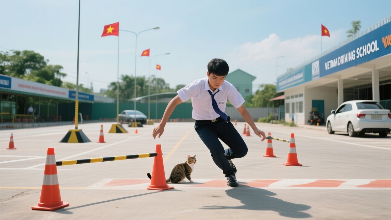 Học viên lái xe ô tô thực hành trên sân sa hình chuẩn bị thi sát hạch