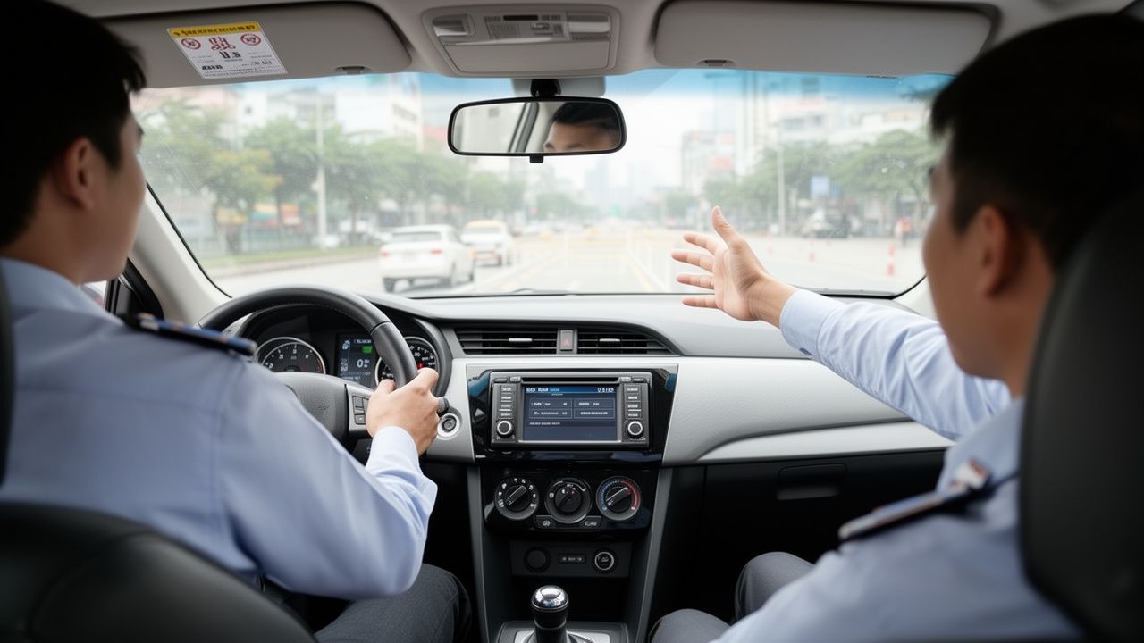 Học viên thực hành lái xe trên đường trường theo hướng dẫn giáo viên