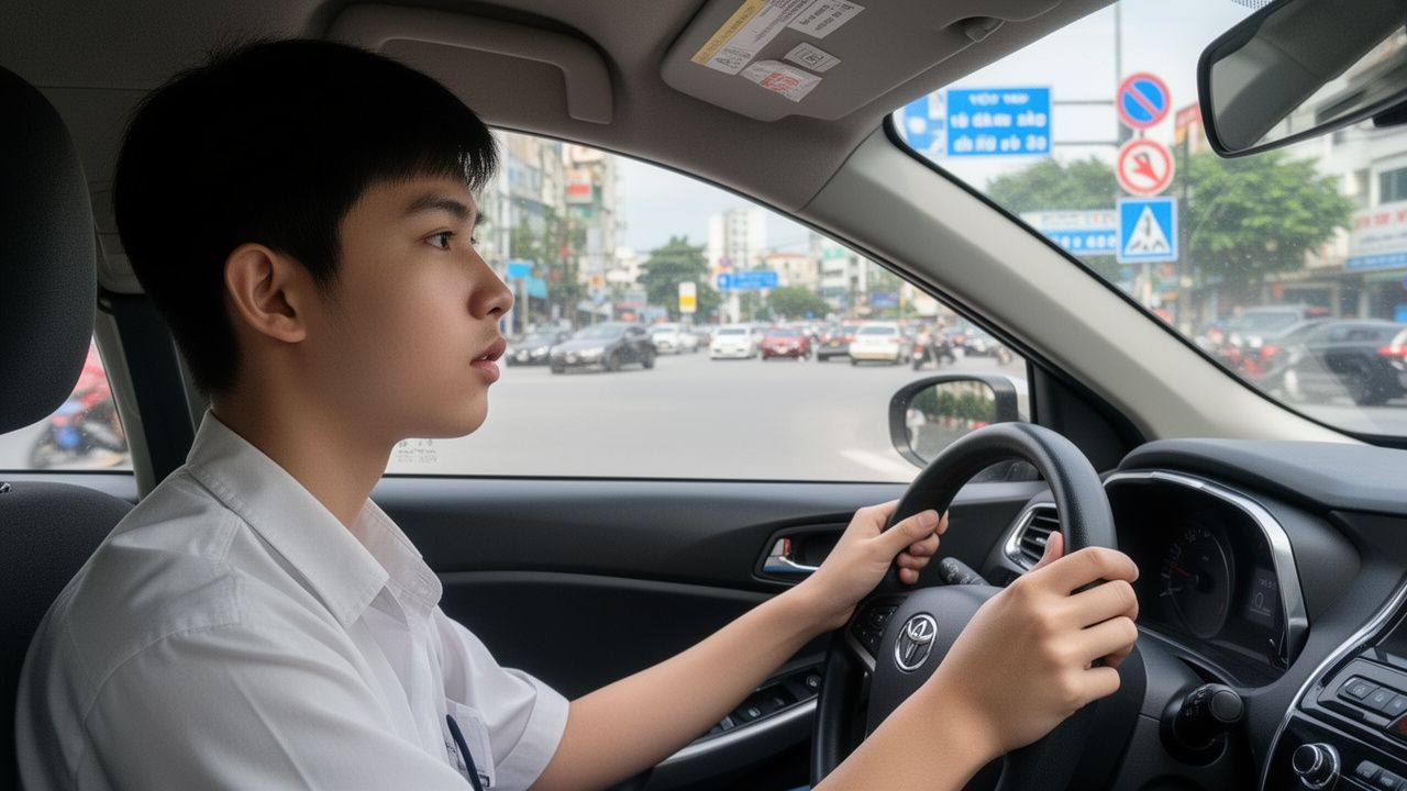 Học viên lái xe quan sát biển báo tại giao lộ đông đúc