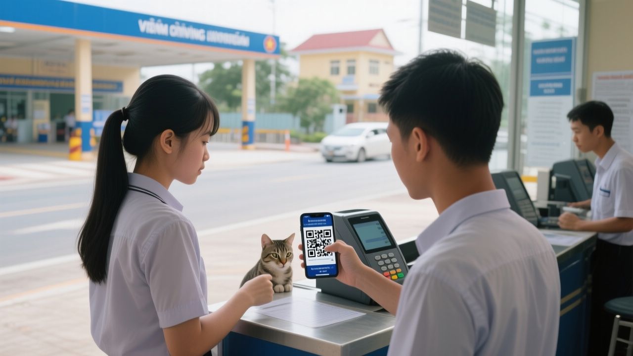 Học viên sử dụng điện thoại quét mã QR động tại quầy thu phí sát hạch lái xe