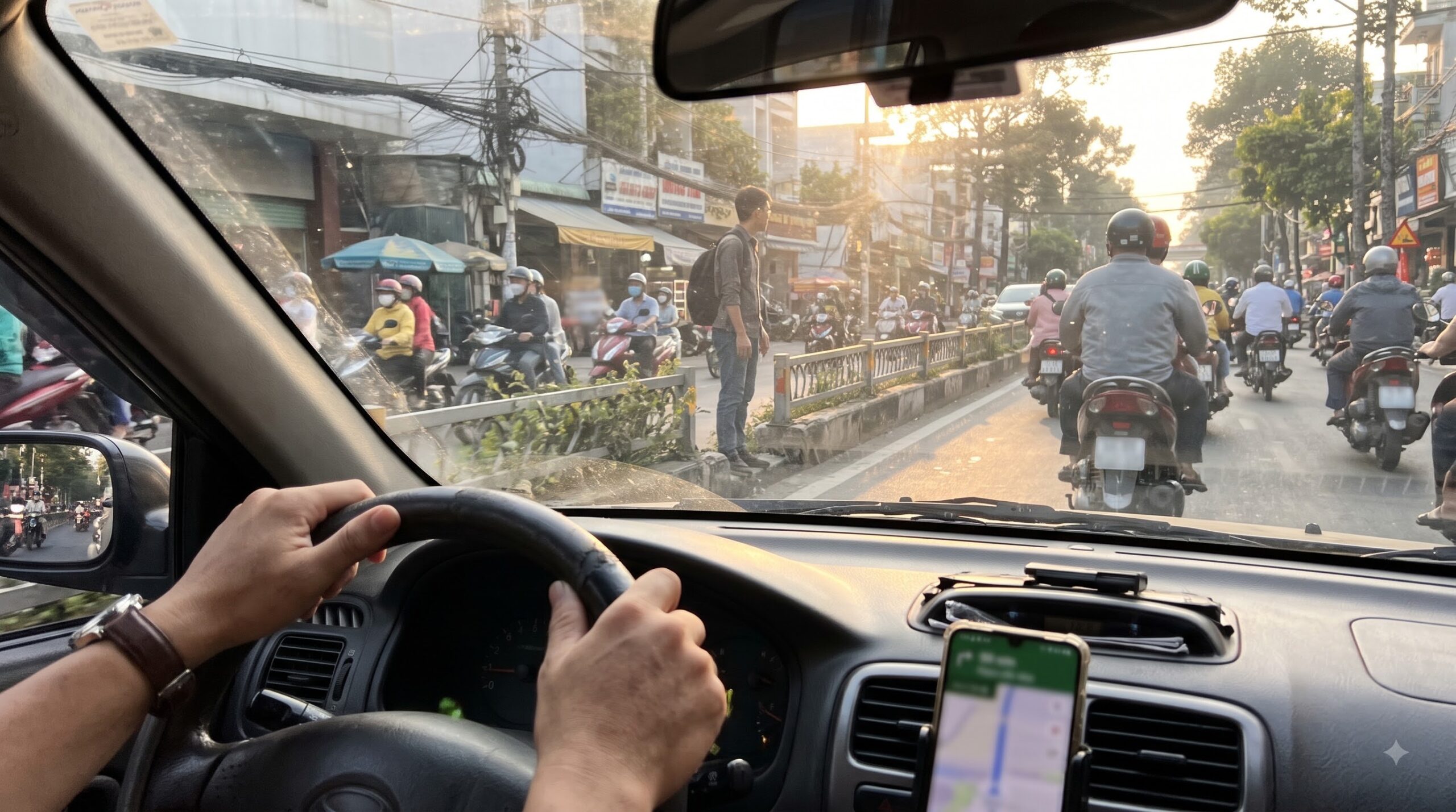 Tài xế ô tô giảm tốc, quan sát người đi bộ gần dải phân cách