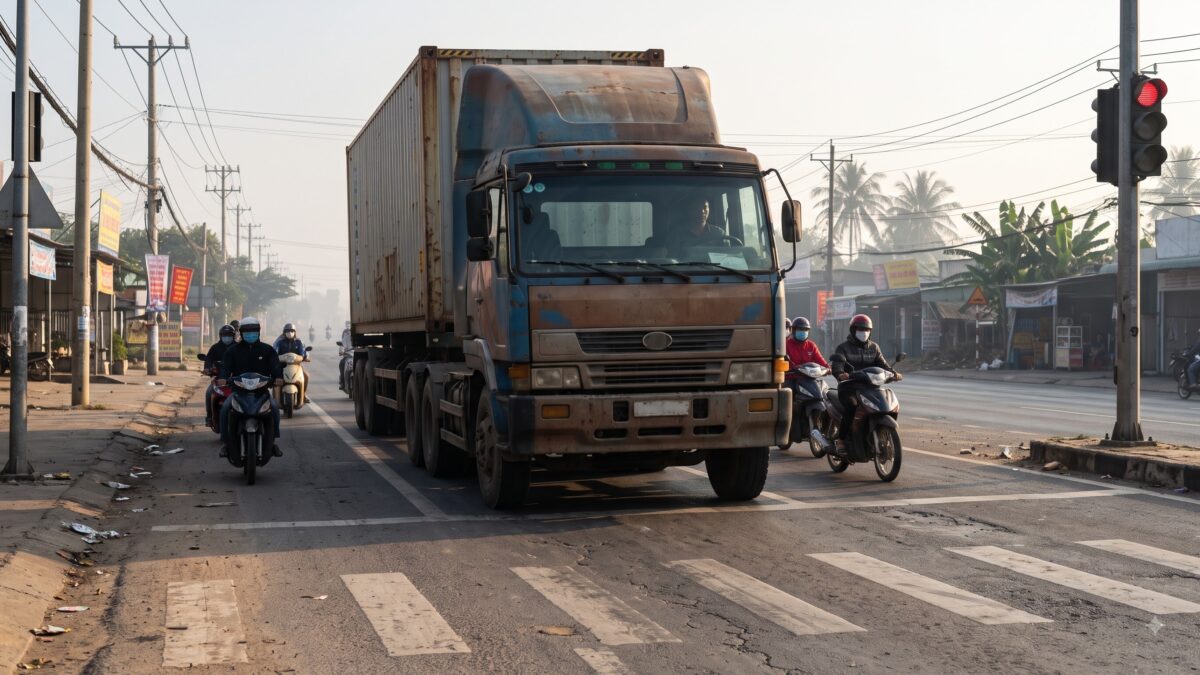 Xe đầu kéo dừng đèn đỏ, đầu xe nhô qua vạch dừng ở ngã tư