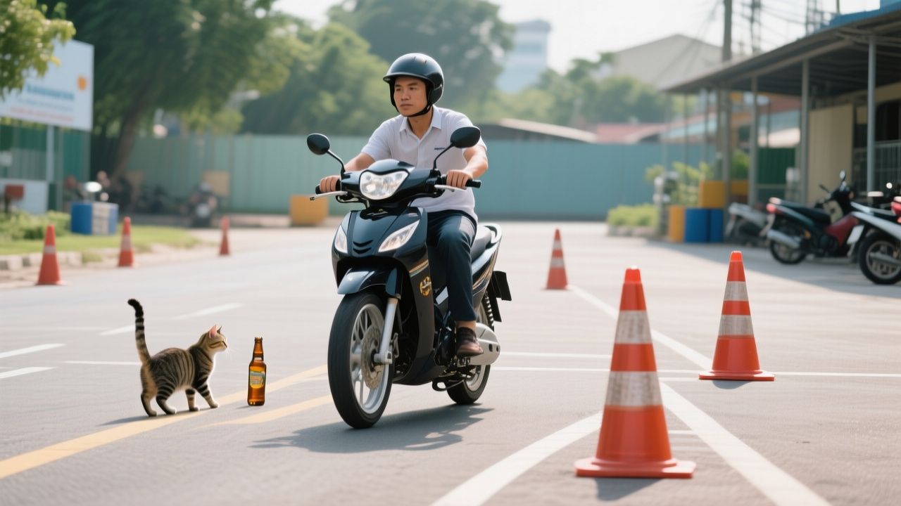 Học viên tập lái xe máy trên sân tập có vạch kẻ đường tại TP.HCM