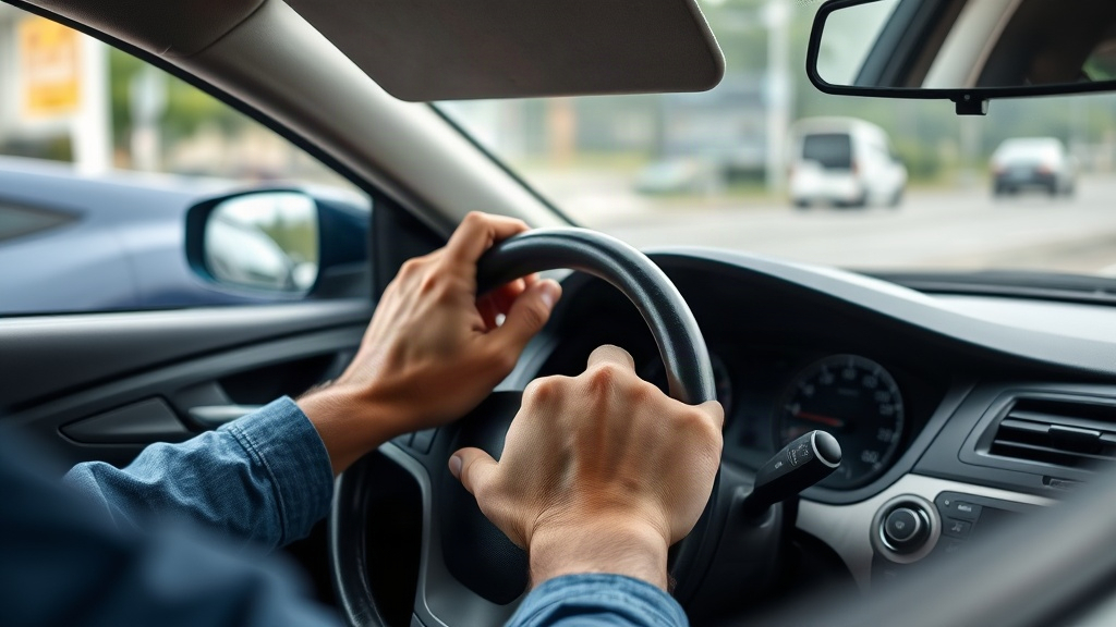 Học viên học lái xe giữ vô lăng và kiểm tra gương khi đổi làn