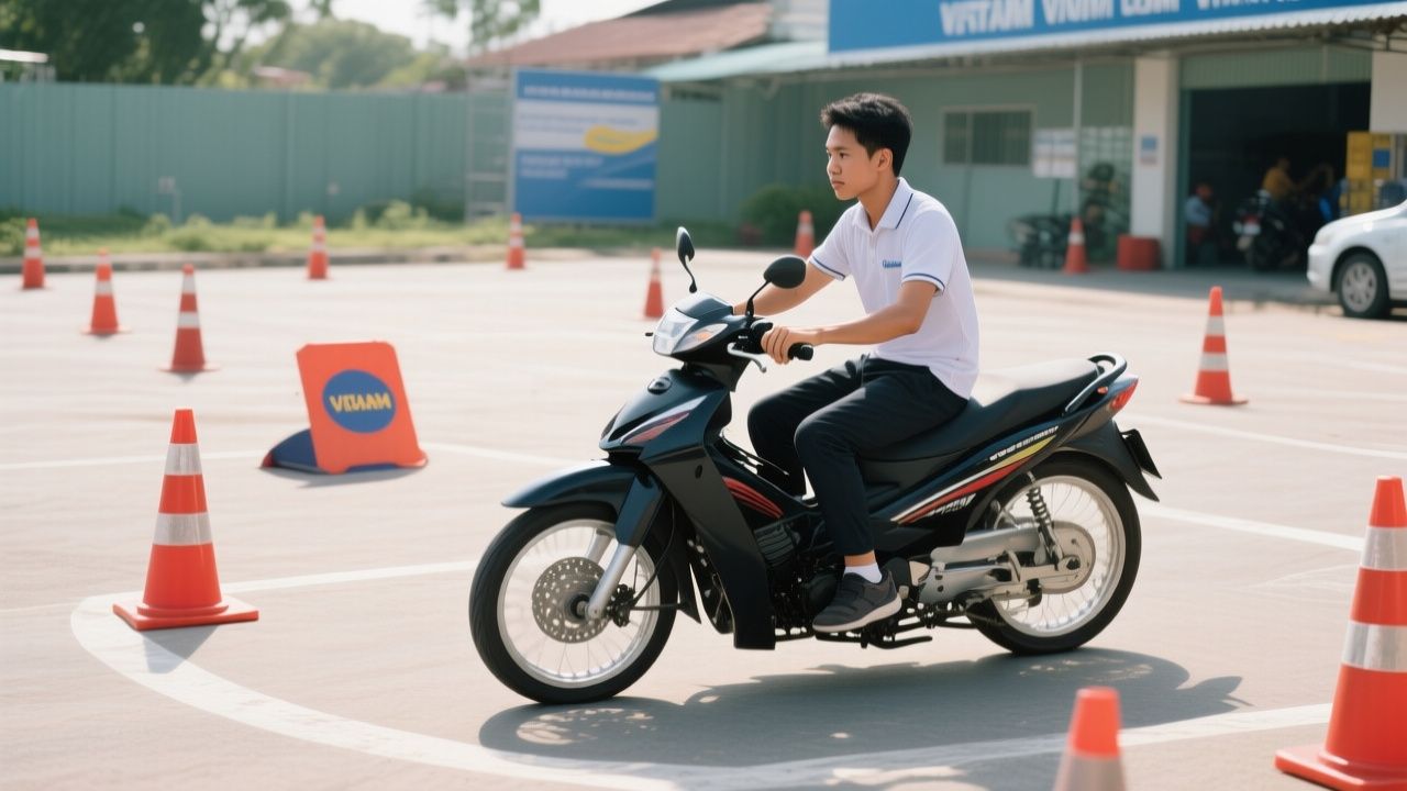 Học viên thực hành lái xe máy trên sân tập sát hạch an toàn
