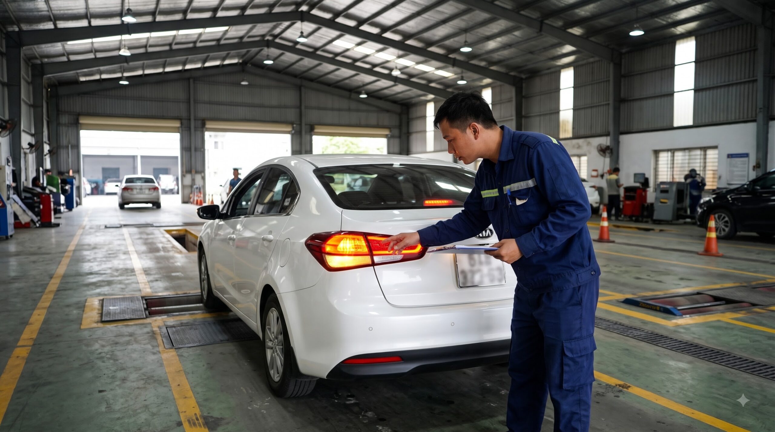 Nhân viên trung tâm đăng kiểm kiểm tra đèn sau của ô tô