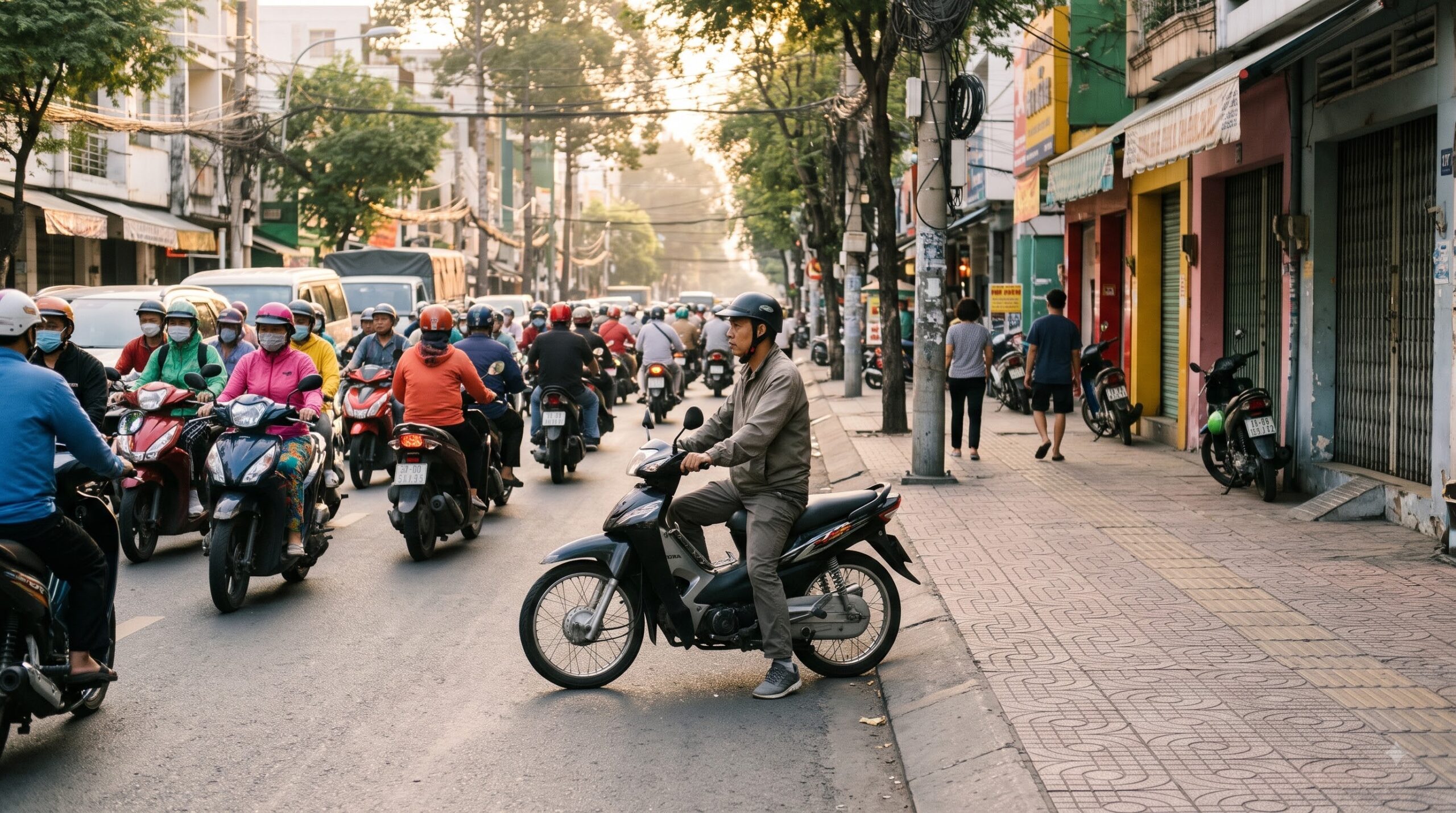 Người đi xe máy đứng chờ trong làn đường thay vì leo vỉa hè